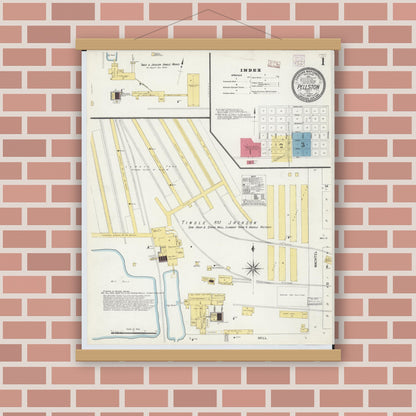 Old map wall art mockup — magnetic wood frame on brick wall — Sanborn Fire Insurance Map from Pellston, Emmet County, Michigan (1907) - Complete Map Set