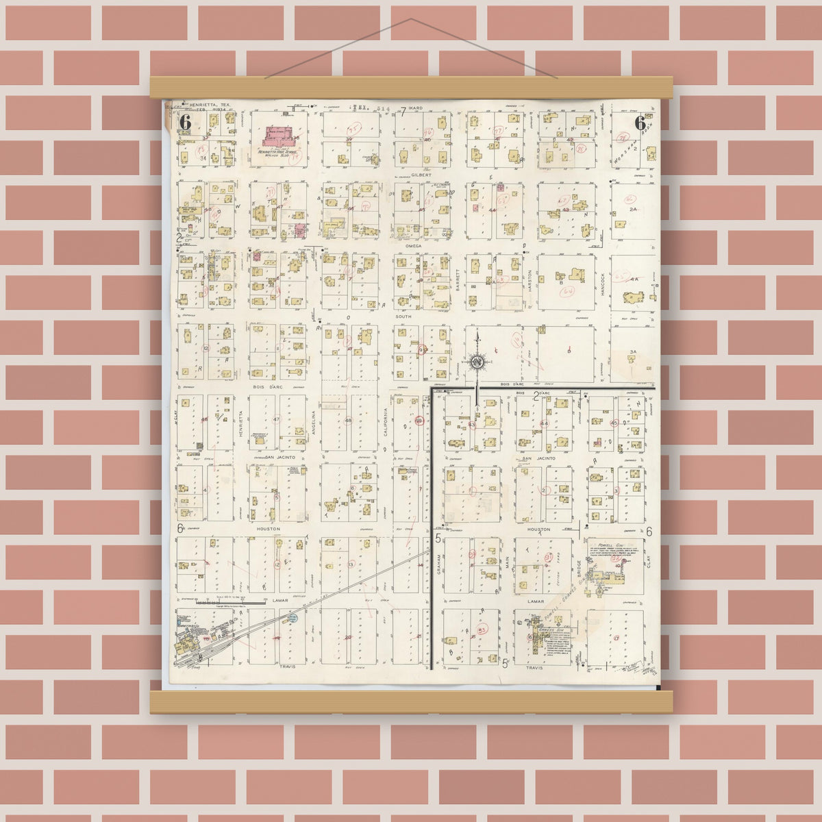 Old map wall art mockup — magnetic wood frame on brick wall — Sanborn Fire Insurance Map from Henrietta, Clay County, Texas (1944), Sheet #0006