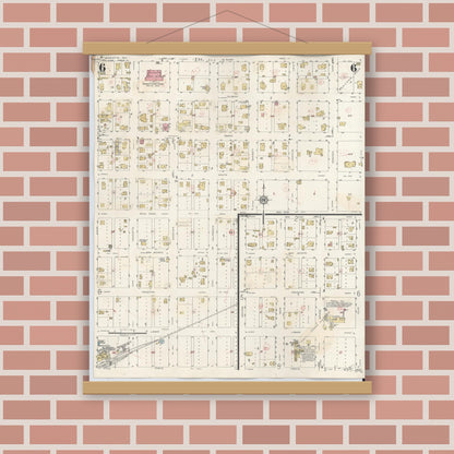 Old map wall art mockup — magnetic wood frame on brick wall — Sanborn Fire Insurance Map from Henrietta, Clay County, Texas (1944), Sheet #0006