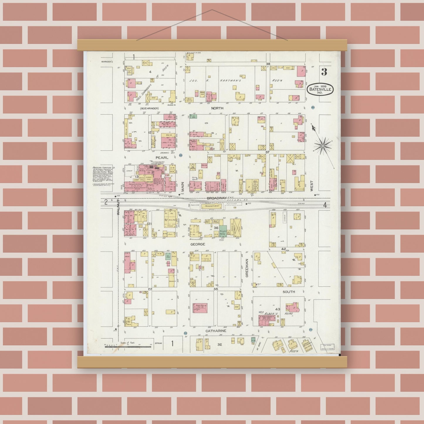 Old map wall art mockup — magnetic wood frame on brick wall — Sanborn Fire Insurance Map from Batesville, Ripley County, Indiana (1899), Sheet #0003
