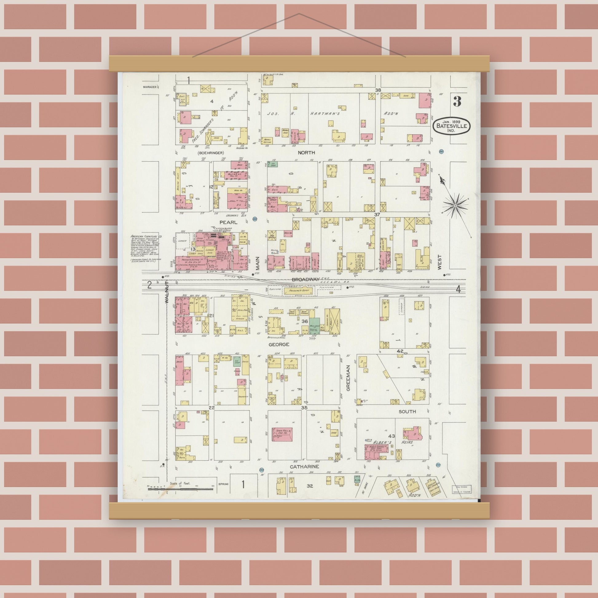 Old map wall art mockup — magnetic wood frame on brick wall — Sanborn Fire Insurance Map from Batesville, Ripley County, Indiana (1899), Sheet #0003