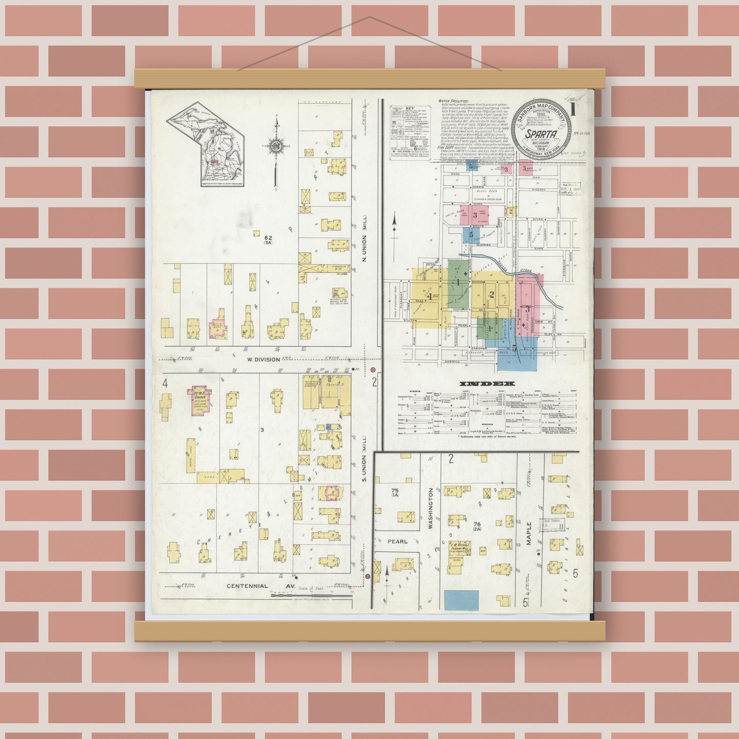 Old map wall art mockup — magnetic wood frame on brick wall — Sanborn Fire Insurance Map from Sparta, Kent County, Michigan (1918) - Complete Map Set