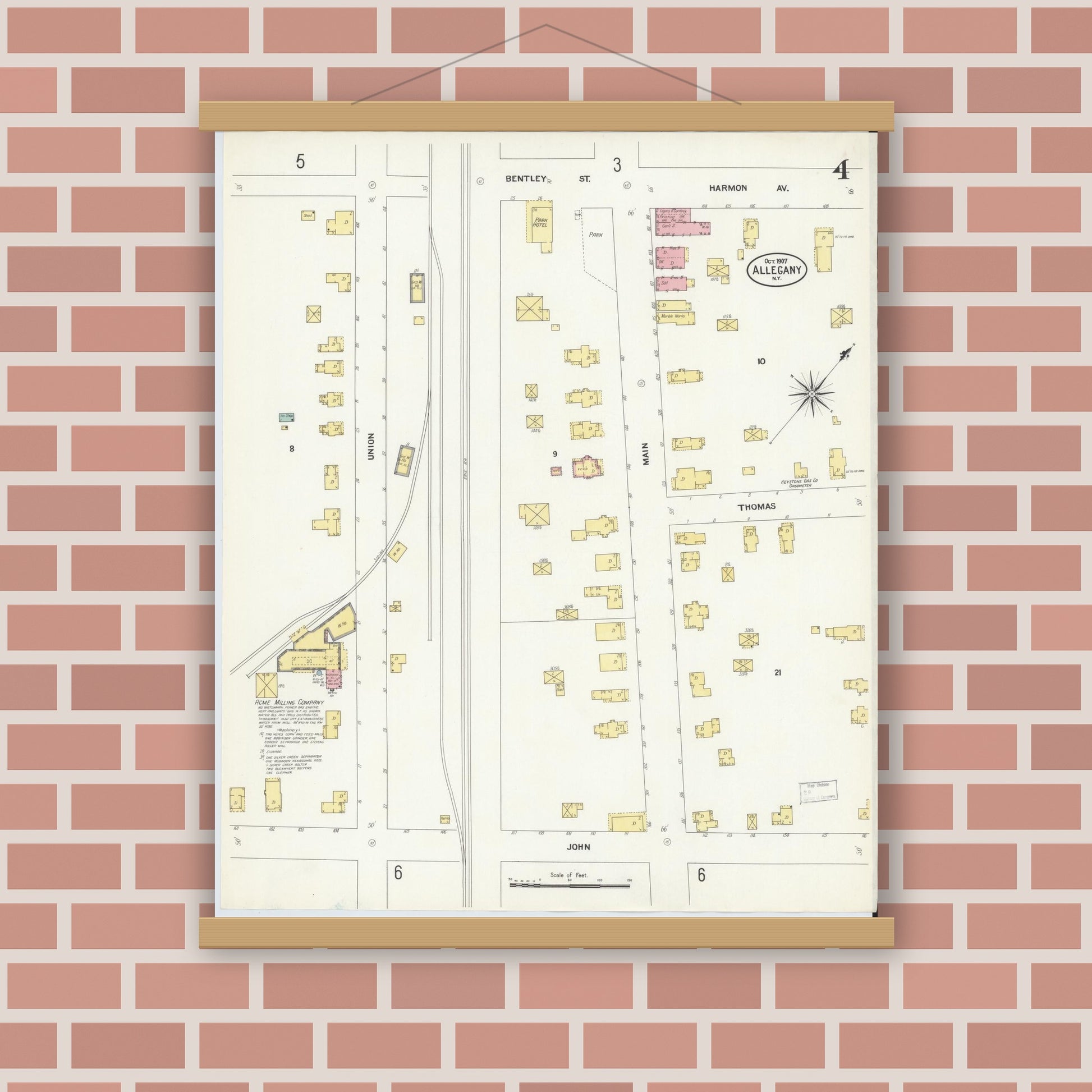 Old map wall art mockup — magnetic wood frame on brick wall — Sanborn Fire Insurance Map from Allegany, Cattaraugus County, New York (1907), Sheet #0004