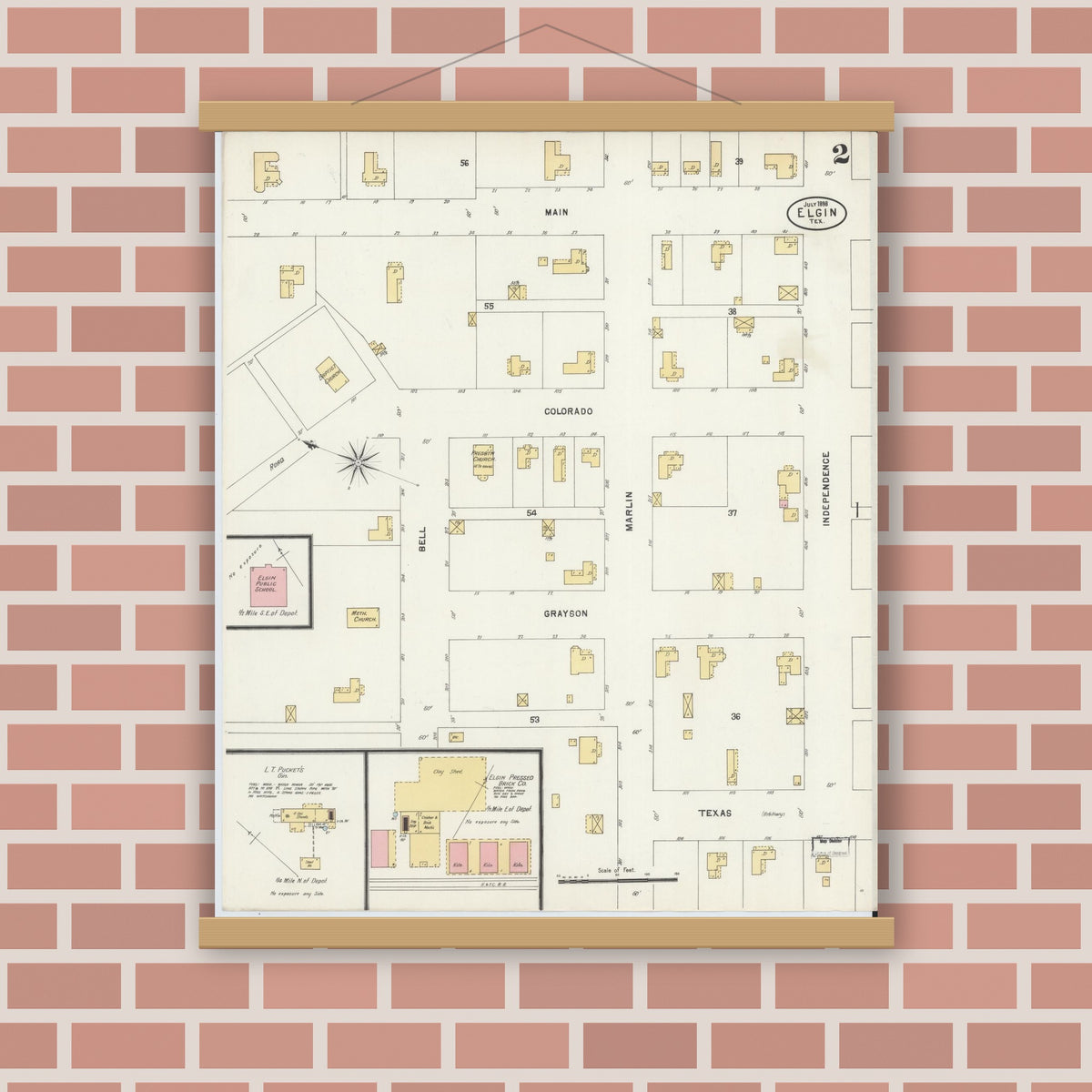 Old map wall art mockup — magnetic wood frame on brick wall — Sanborn Fire Insurance Map from Elgin, Bastrop County, Texas (1898), Sheet #0002