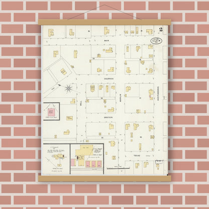 Old map wall art mockup — magnetic wood frame on brick wall — Sanborn Fire Insurance Map from Elgin, Bastrop County, Texas (1898), Sheet #0002