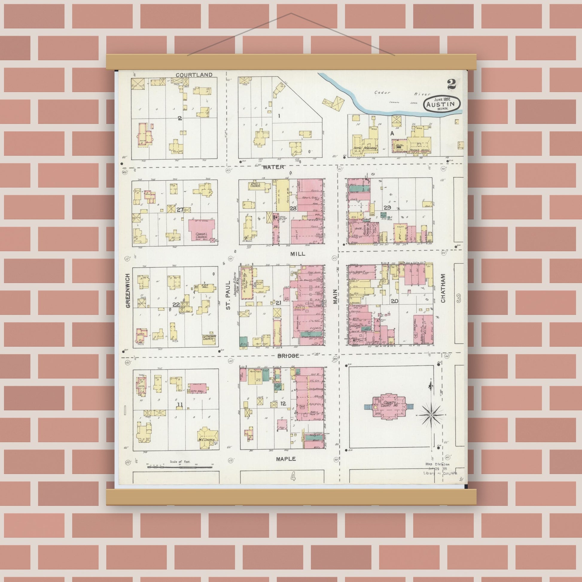Old map wall art mockup — magnetic wood frame on brick wall — Sanborn Fire Insurance Map from Austin, Mower County, Minnesota (1892), Sheet #0002