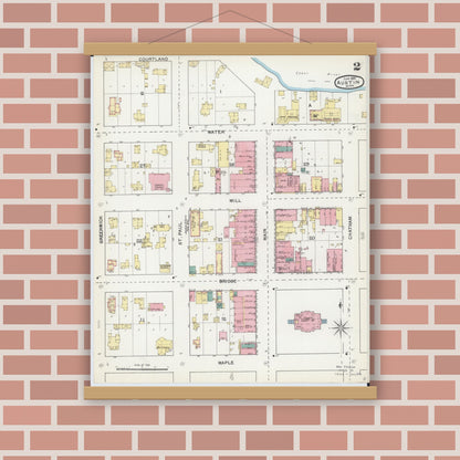 Old map wall art mockup — magnetic wood frame on brick wall — Sanborn Fire Insurance Map from Austin, Mower County, Minnesota (1892), Sheet #0002