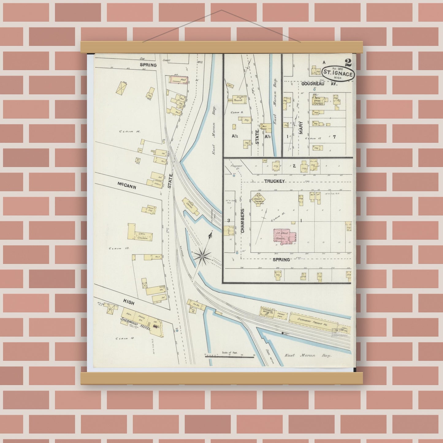 Old map wall art mockup — magnetic wood frame on brick wall — Sanborn Fire Insurance Map from Saint Ignace, Mackinac County, Michigan (1890), Sheet #0002