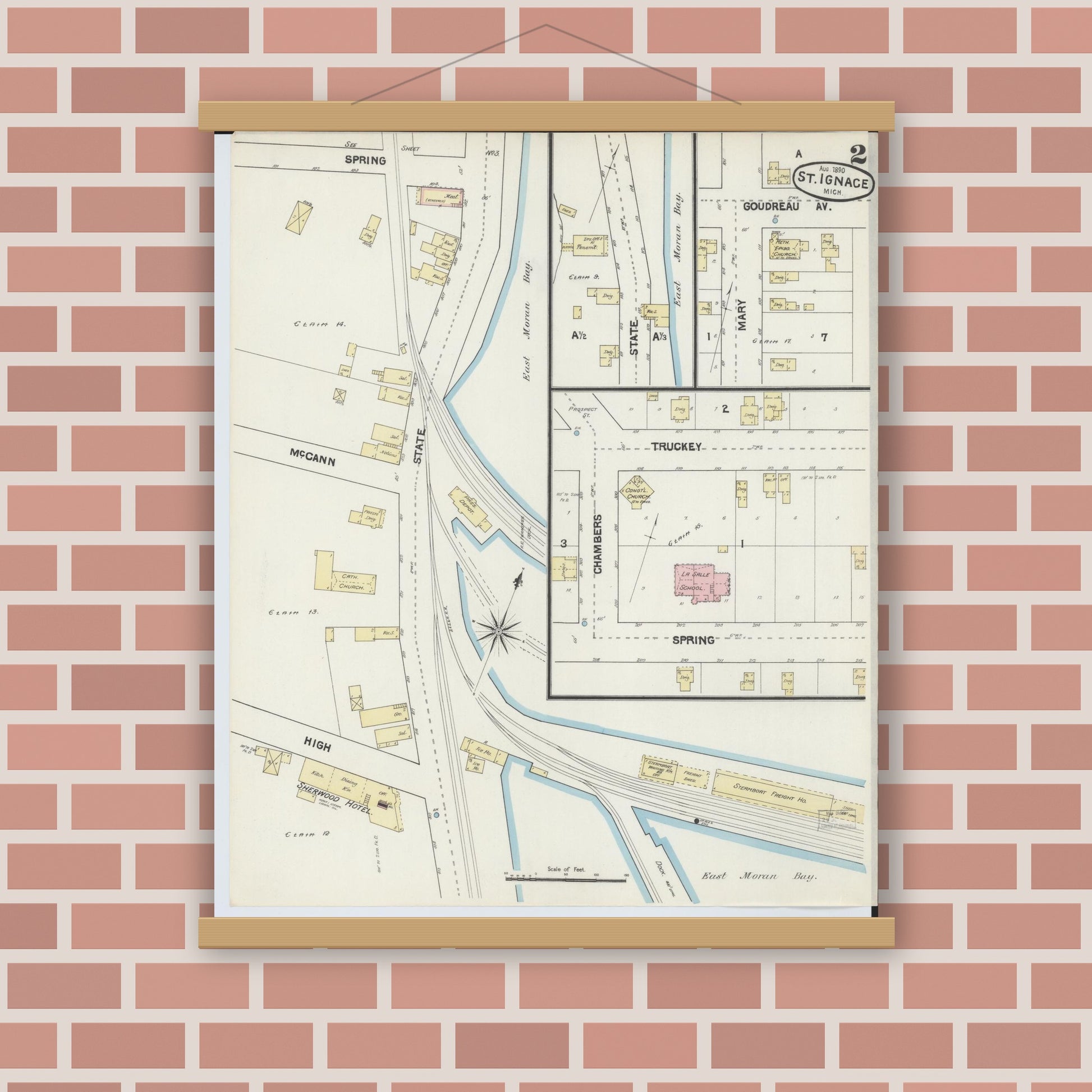 Old map wall art mockup — magnetic wood frame on brick wall — Sanborn Fire Insurance Map from Saint Ignace, Mackinac County, Michigan (1890), Sheet #0002