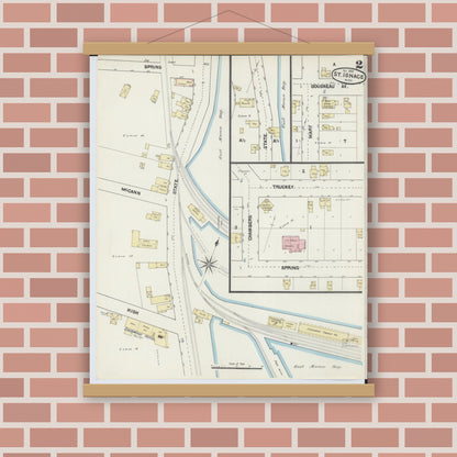 Old map wall art mockup — magnetic wood frame on brick wall — Sanborn Fire Insurance Map from Saint Ignace, Mackinac County, Michigan (1890), Sheet #0002
