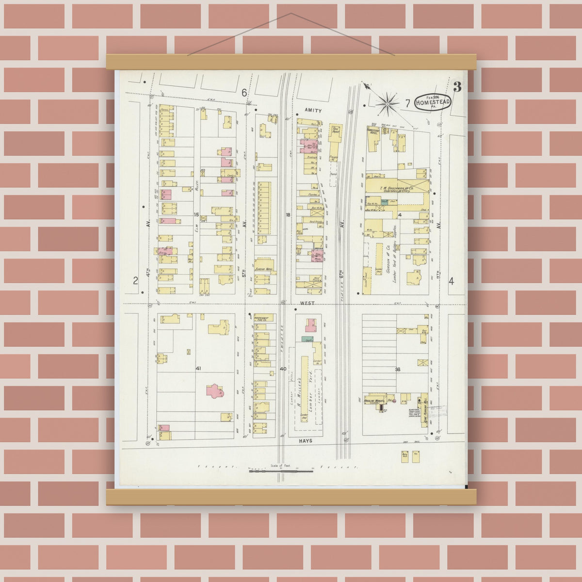 Old map wall art mockup — magnetic wood frame on brick wall — Sanborn Fire Insurance Map from Homestead, Allegheny County, Pennsylvania (1896), Sheet #0003