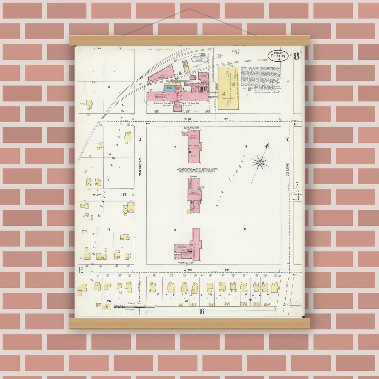 Old map wall art mockup — magnetic wood frame on brick wall — Sanborn Fire Insurance Map from Dixon, Lee County, Illinois (1902), Sheet #0008