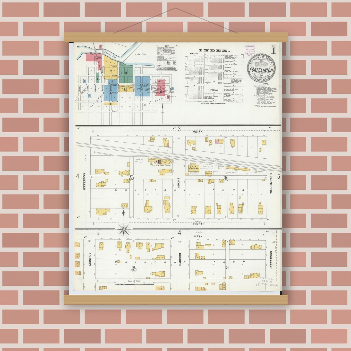 Old map wall art mockup — magnetic wood frame on brick wall — Sanborn Fire Insurance Map from Port Clinton, Ottawa County, Ohio (1904), Sheet #0001