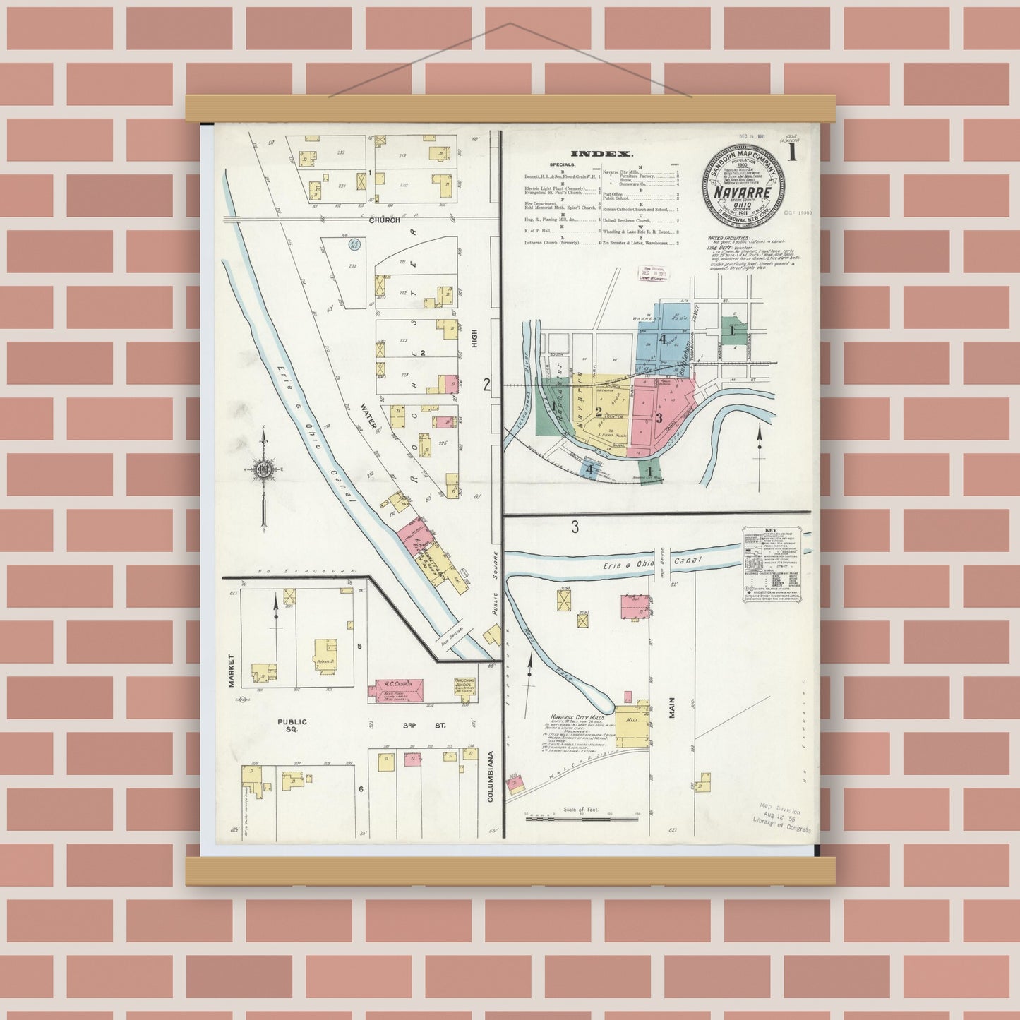Old map wall art mockup — magnetic wood frame on brick wall — Sanborn Fire Insurance Map from Navarre, Stark County, Ohio (1911) - Complete Map Set