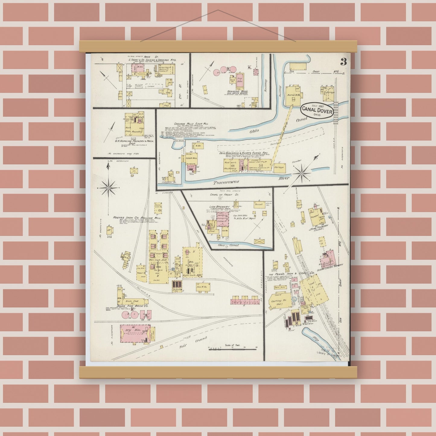 Old map wall art mockup — magnetic wood frame on brick wall — Sanborn Fire Insurance Map from Canal Dover, Tuscarawas County, Ohio (1887), Sheet #0003