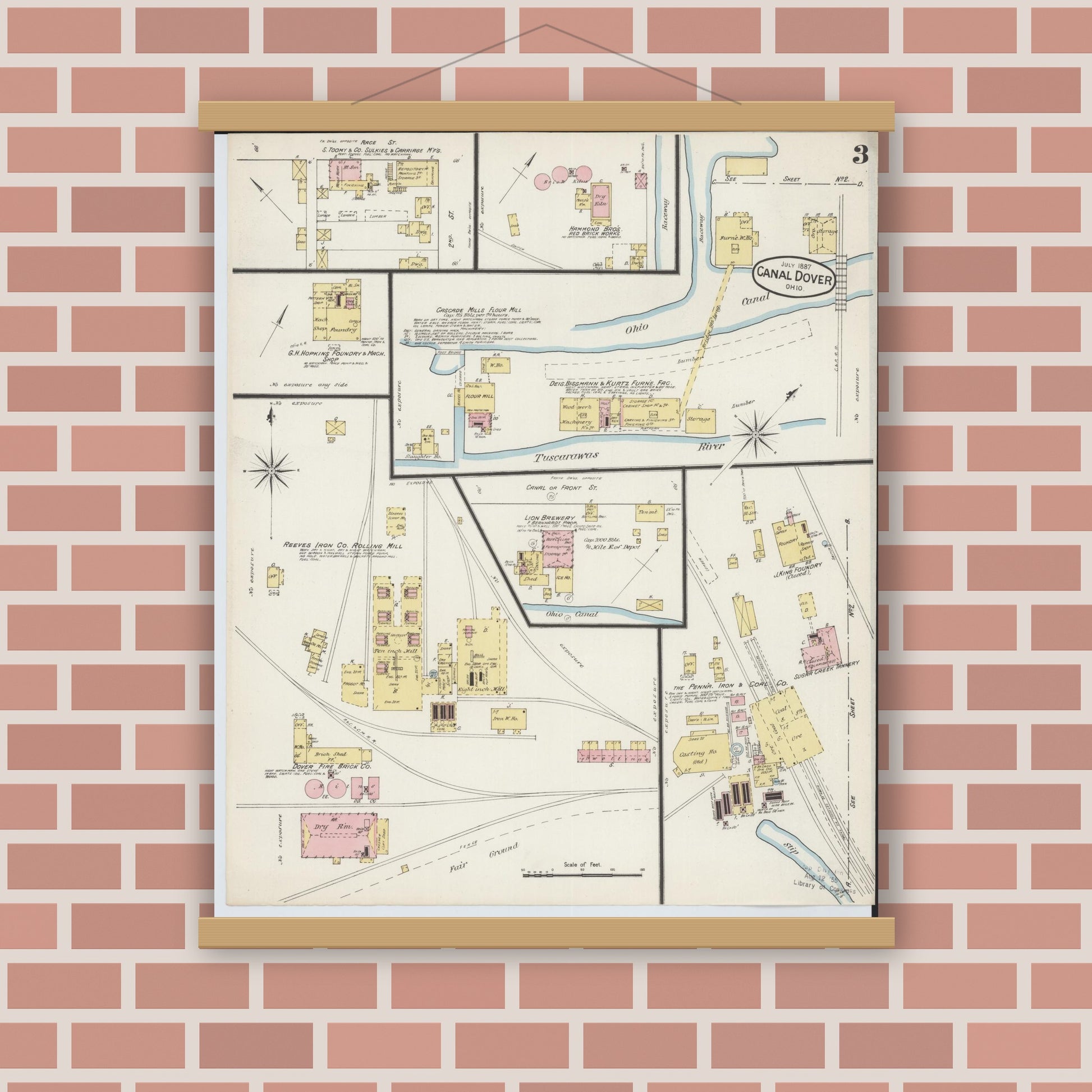 Old map wall art mockup — magnetic wood frame on brick wall — Sanborn Fire Insurance Map from Canal Dover, Tuscarawas County, Ohio (1887), Sheet #0003