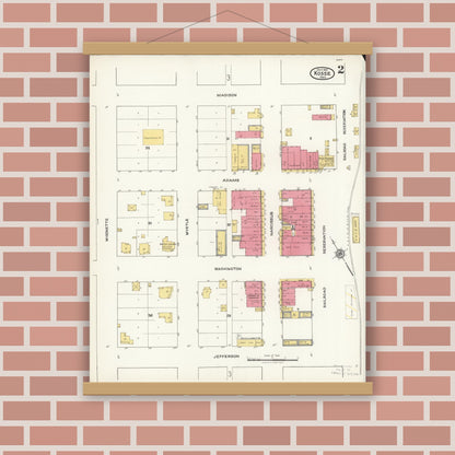 Old map wall art mockup — magnetic wood frame on brick wall — Sanborn Fire Insurance Map from Kosse, Limestone County, Texas (1921), Sheet #0002