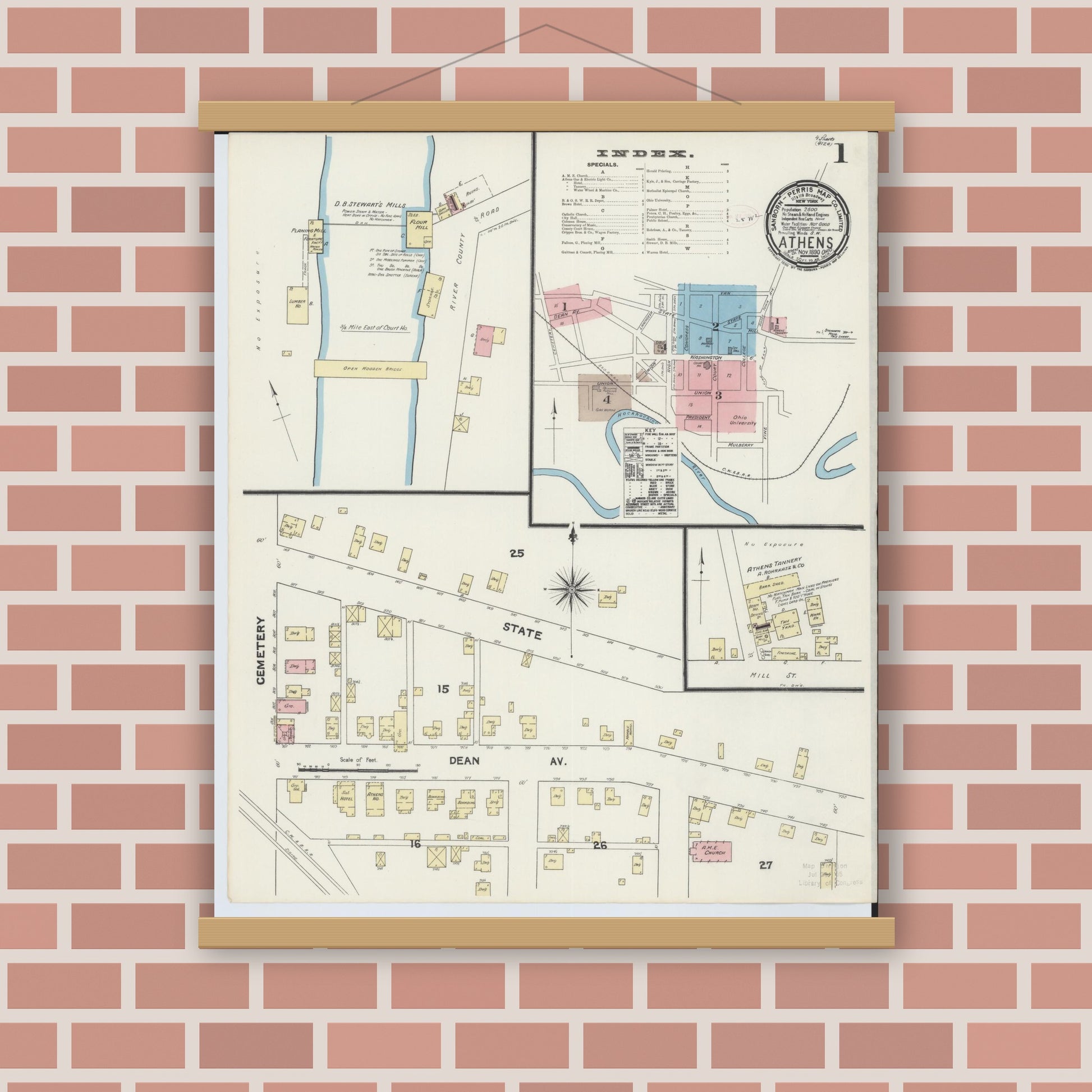 Old map wall art mockup — magnetic wood frame on brick wall — Sanborn Fire Insurance Map from Athens, Athens County, Ohio (1890), Sheet #0001