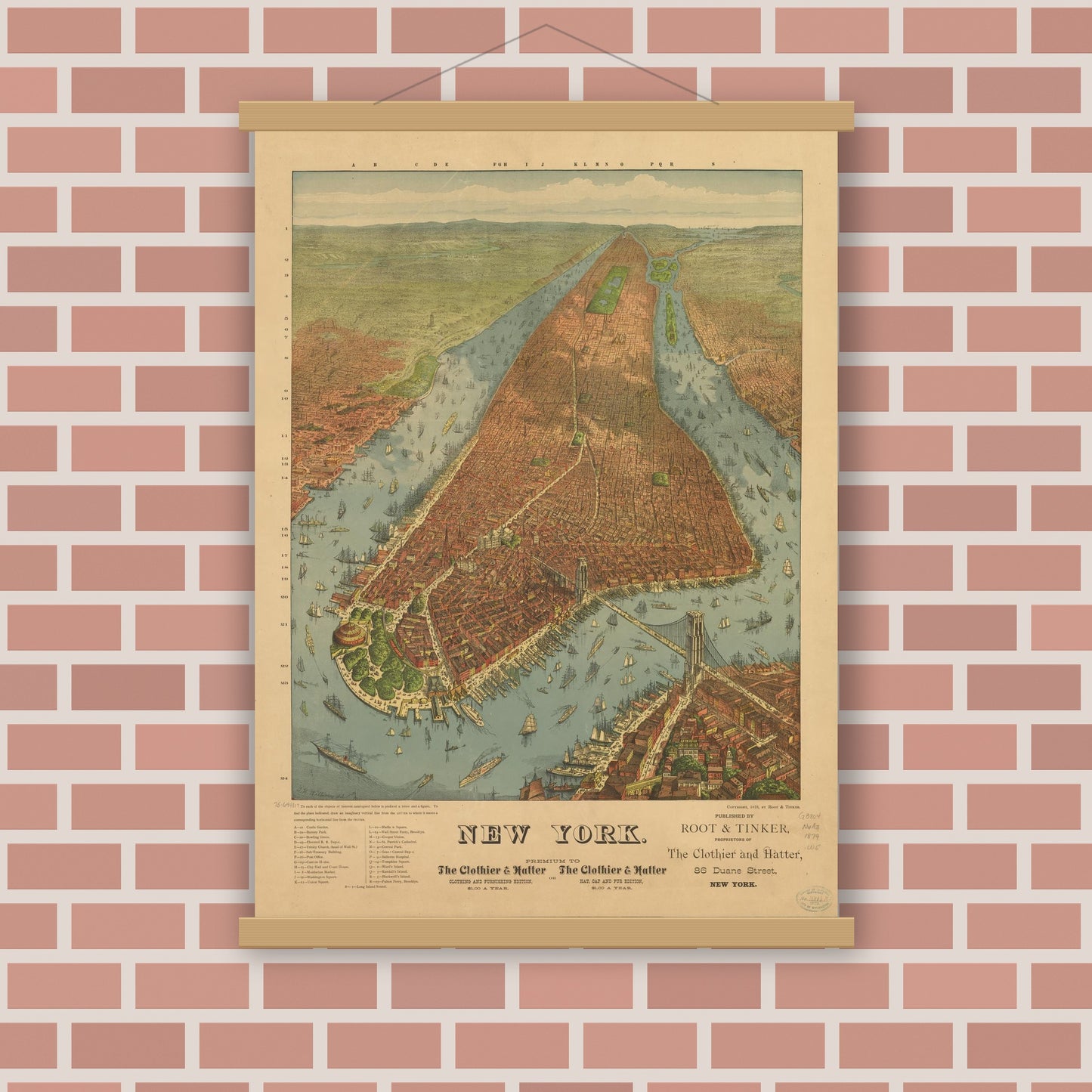 Old map wall art mockup — magnetic wood frame on brick wall — New York. (1879)