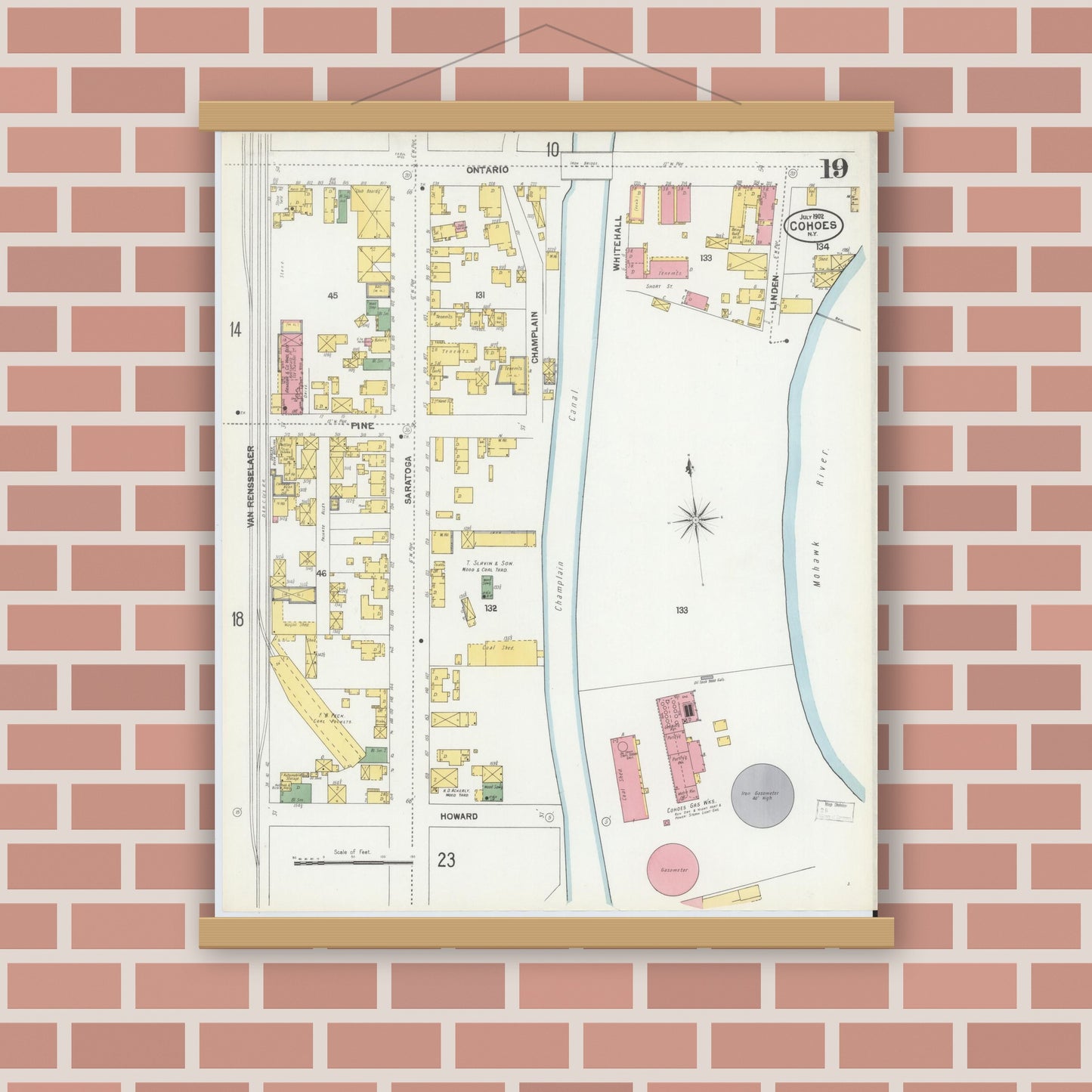 Old map wall art mockup — magnetic wood frame on brick wall — Sanborn Fire Insurance Map from Cohoes, Albany County, New York (1902), Sheet #0019