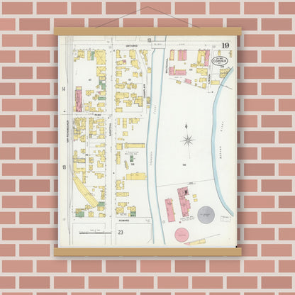 Old map wall art mockup — magnetic wood frame on brick wall — Sanborn Fire Insurance Map from Cohoes, Albany County, New York (1902), Sheet #0019