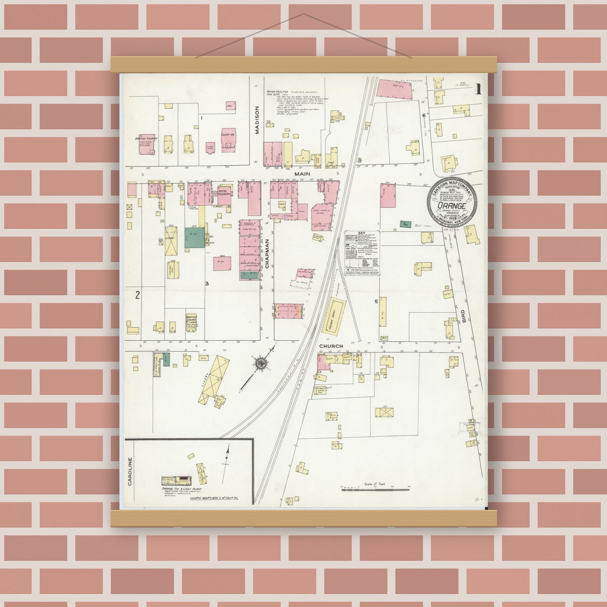 Old map wall art mockup — magnetic wood frame on brick wall — Sanborn Fire Insurance Map from Orange, Orange County, Virginia (1909) - Complete Map Set