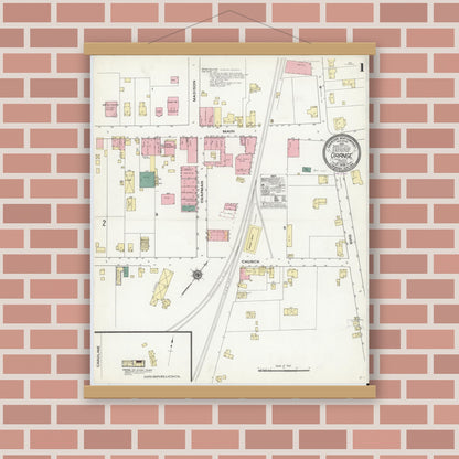 Old map wall art mockup — magnetic wood frame on brick wall — Sanborn Fire Insurance Map from Orange, Orange County, Virginia (1909) - Complete Map Set