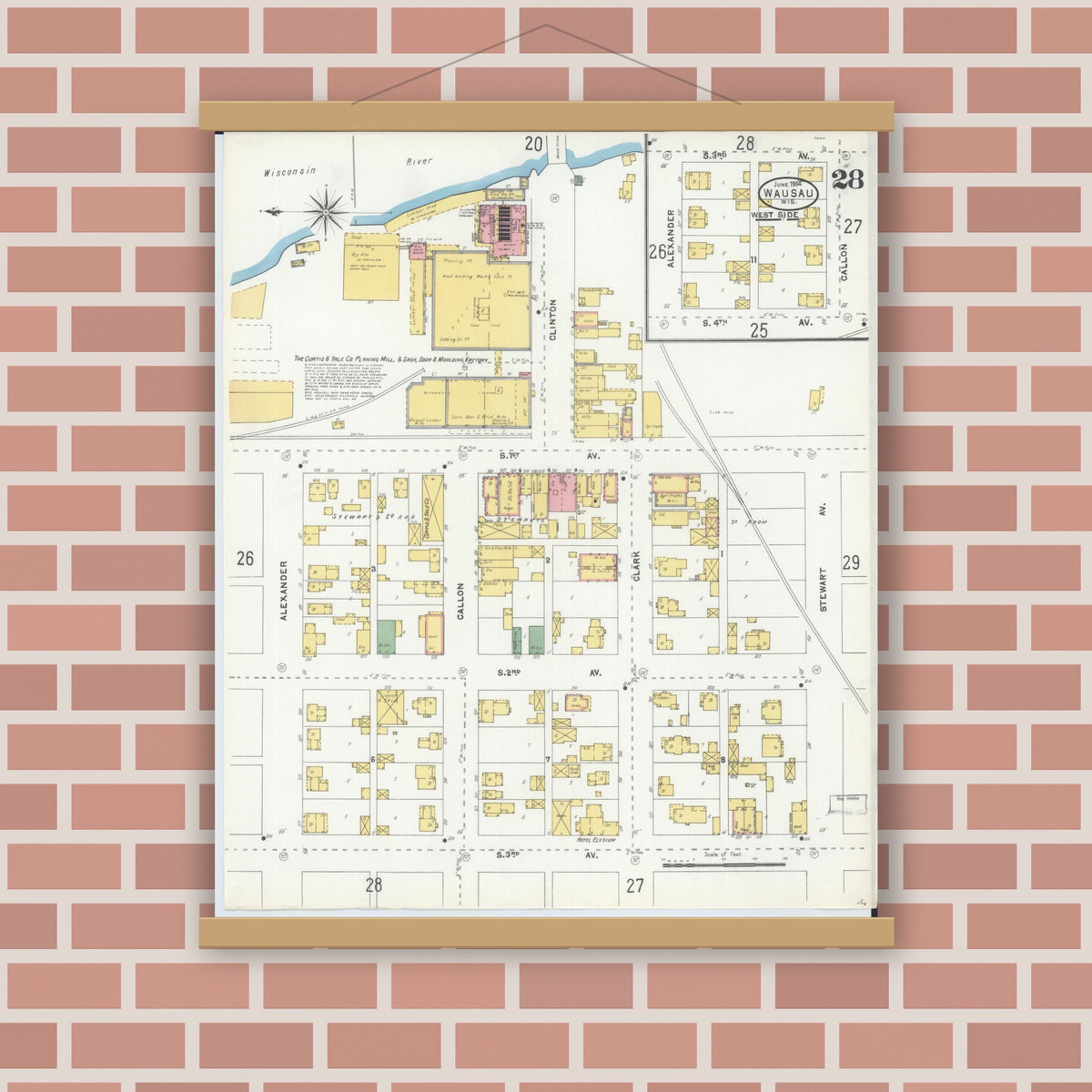 Old map wall art mockup — magnetic wood frame on brick wall — Sanborn Fire Insurance Map from Wausau, Marathon County, Wisconsin (1904), Sheet #0028