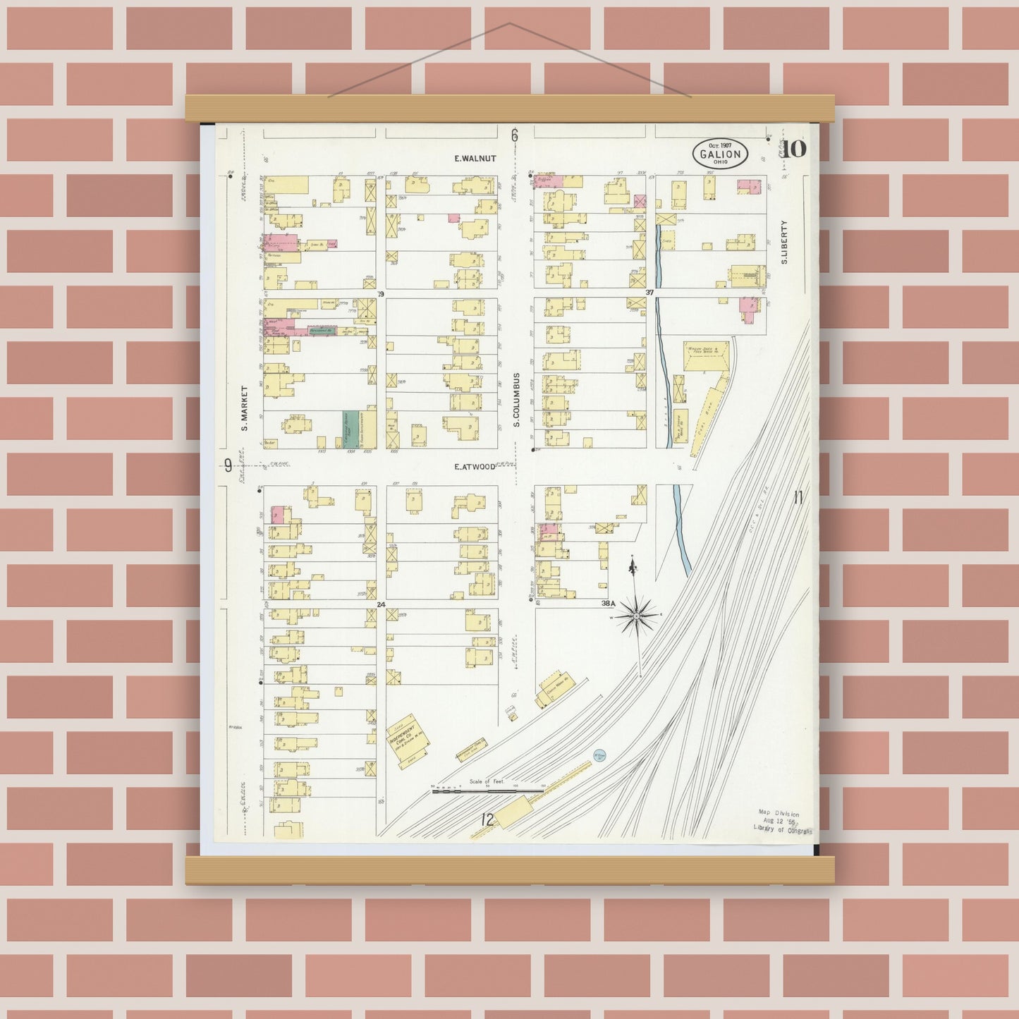 Old map wall art mockup — magnetic wood frame on brick wall — Sanborn Fire Insurance Map from Galion, Crawford County, Ohio (1907), Sheet #0010