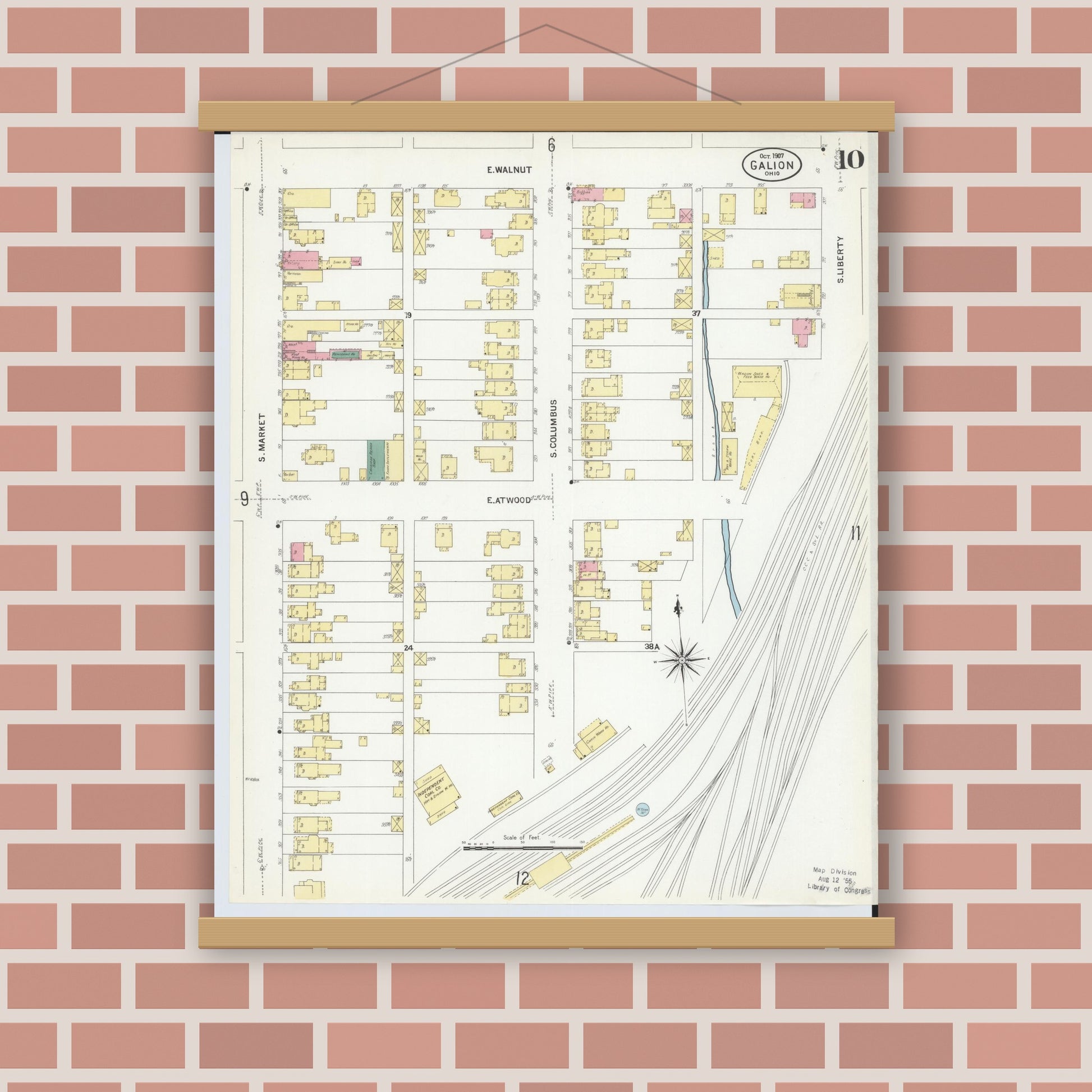 Old map wall art mockup — magnetic wood frame on brick wall — Sanborn Fire Insurance Map from Galion, Crawford County, Ohio (1907), Sheet #0010