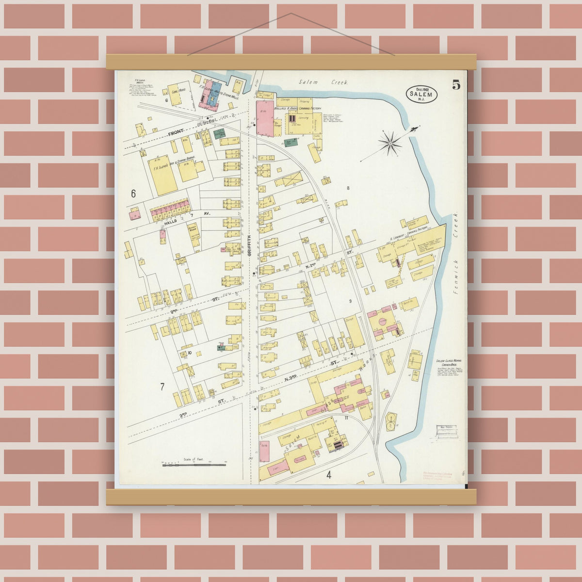 Old map wall art mockup — magnetic wood frame on brick wall — Sanborn Fire Insurance Map from Salem, Salem County, New Jersey (1902), Sheet #0005