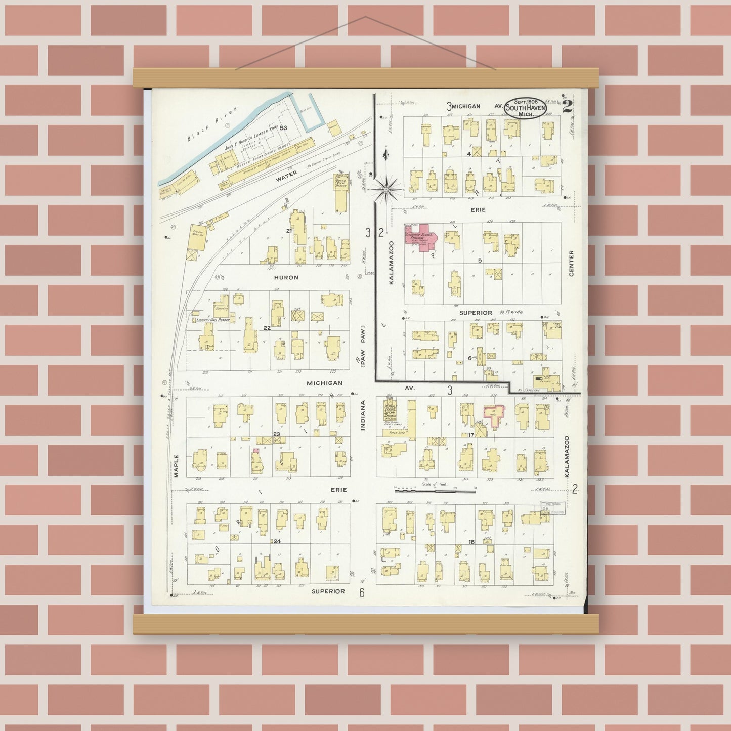 Old map wall art mockup — magnetic wood frame on brick wall — Sanborn Fire Insurance Map from South Haven, Van Buren County, Michigan (1908), Sheet #0002