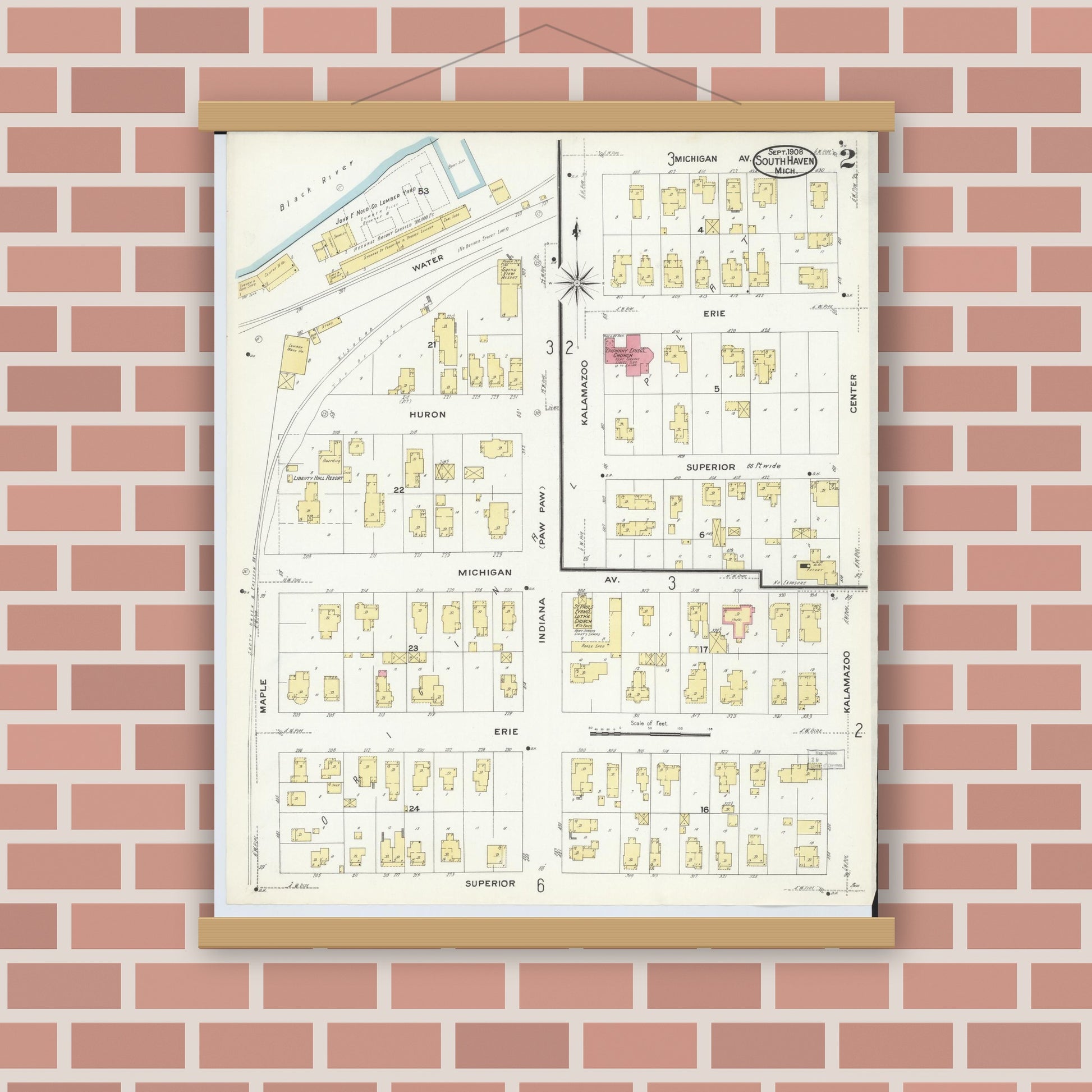 Old map wall art mockup — magnetic wood frame on brick wall — Sanborn Fire Insurance Map from South Haven, Van Buren County, Michigan (1908), Sheet #0002