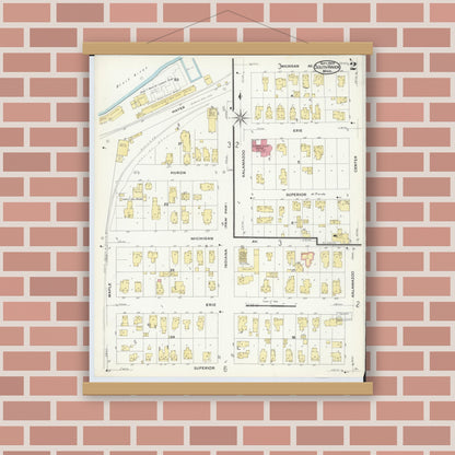 Old map wall art mockup — magnetic wood frame on brick wall — Sanborn Fire Insurance Map from South Haven, Van Buren County, Michigan (1908), Sheet #0002
