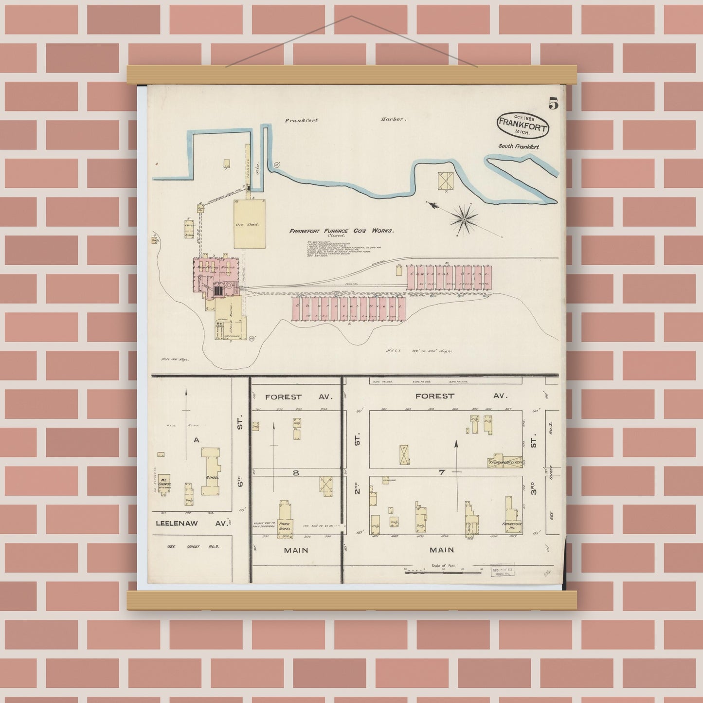 Old map wall art mockup — magnetic wood frame on brick wall — Sanborn Fire Insurance Map from Frankfort, Benzie County, Michigan (1885), Sheet #0005
