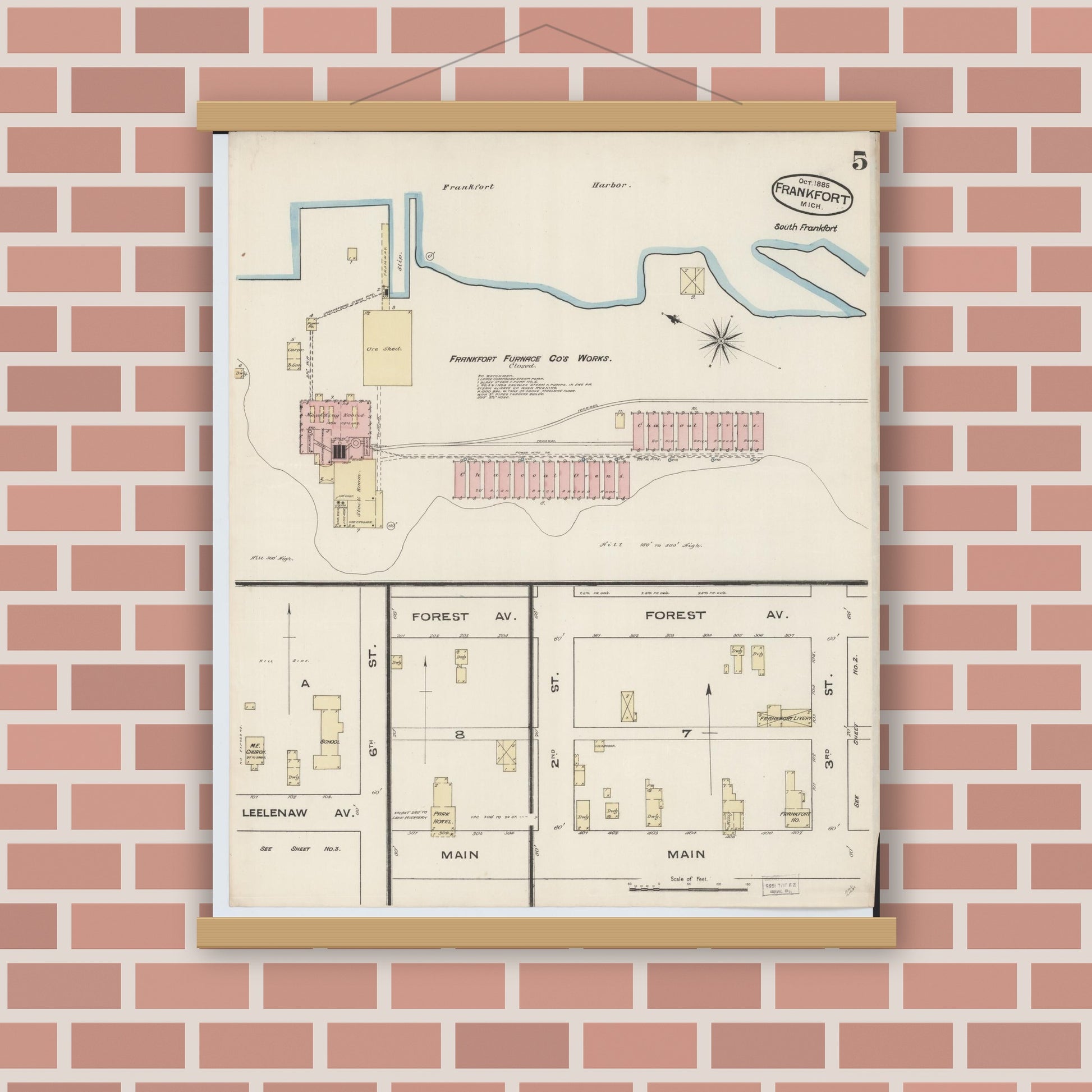 Old map wall art mockup — magnetic wood frame on brick wall — Sanborn Fire Insurance Map from Frankfort, Benzie County, Michigan (1885), Sheet #0005