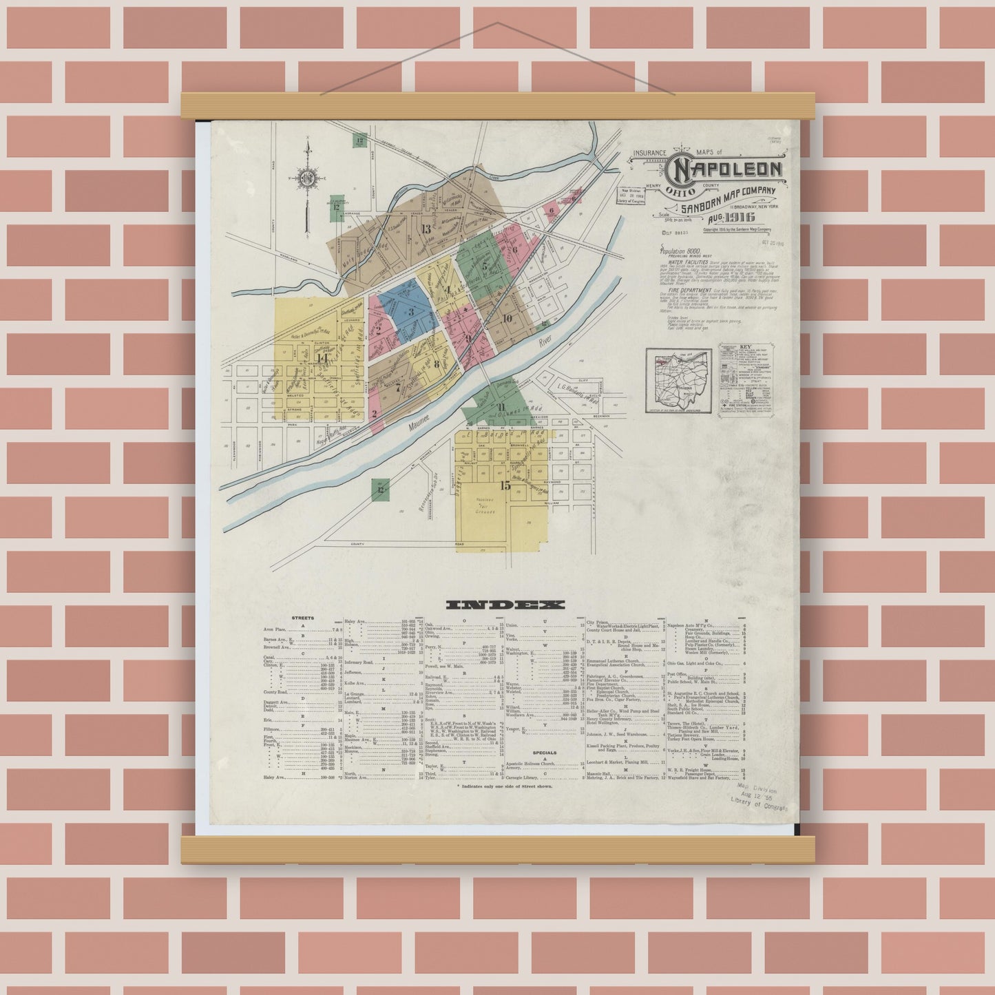 Old map wall art mockup — magnetic wood frame on brick wall — Sanborn Fire Insurance Map from Napoleon, Henry County, Ohio (1916), Sheet #0001