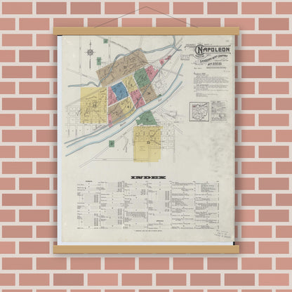 Old map wall art mockup — magnetic wood frame on brick wall — Sanborn Fire Insurance Map from Napoleon, Henry County, Ohio (1916), Sheet #0001