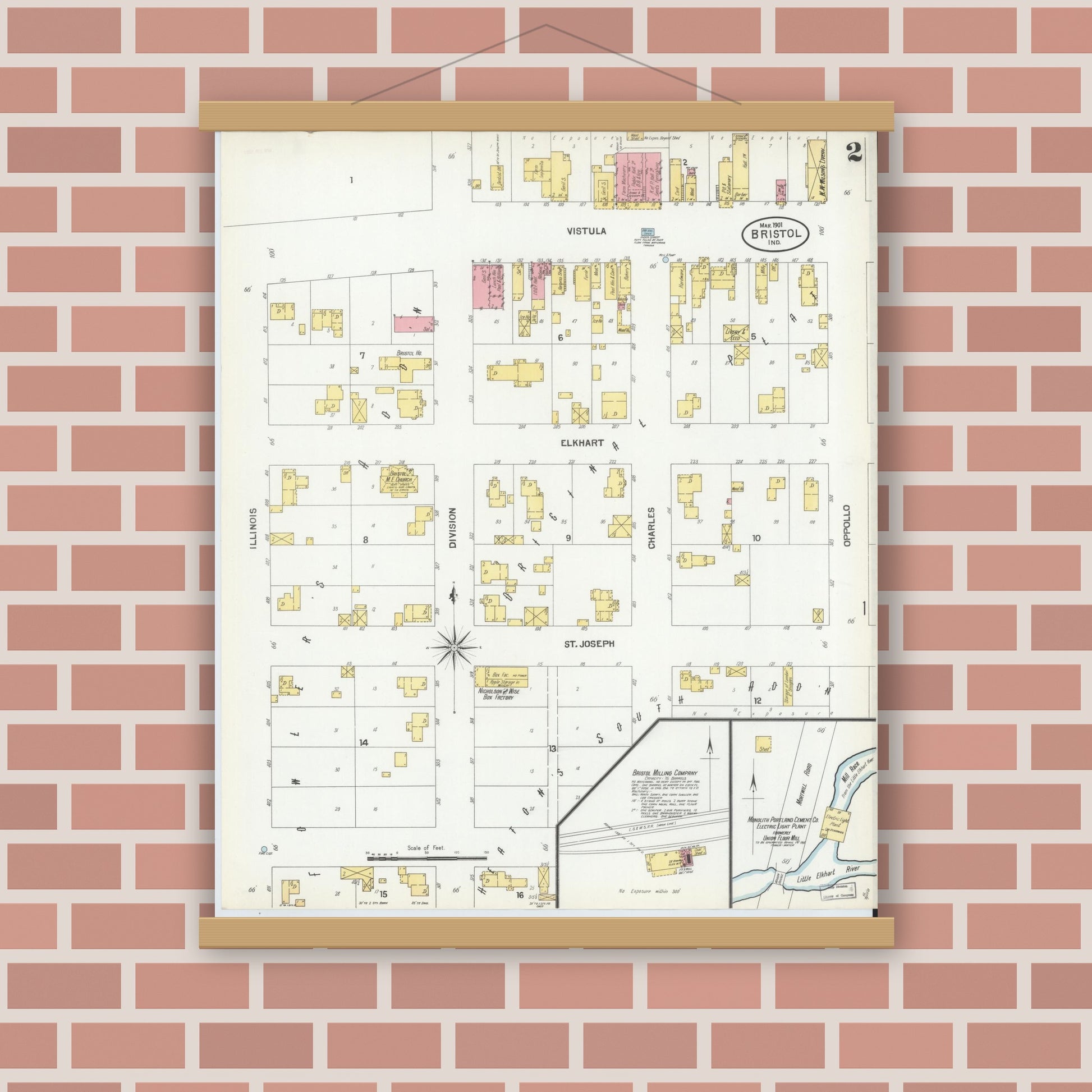 Old map wall art mockup — magnetic wood frame on brick wall — Sanborn Fire Insurance Map from Bristol, Elkhart County, Indiana (1901), Sheet #0002