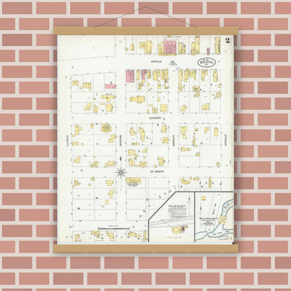 Old map wall art mockup — magnetic wood frame on brick wall — Sanborn Fire Insurance Map from Bristol, Elkhart County, Indiana (1901), Sheet #0002
