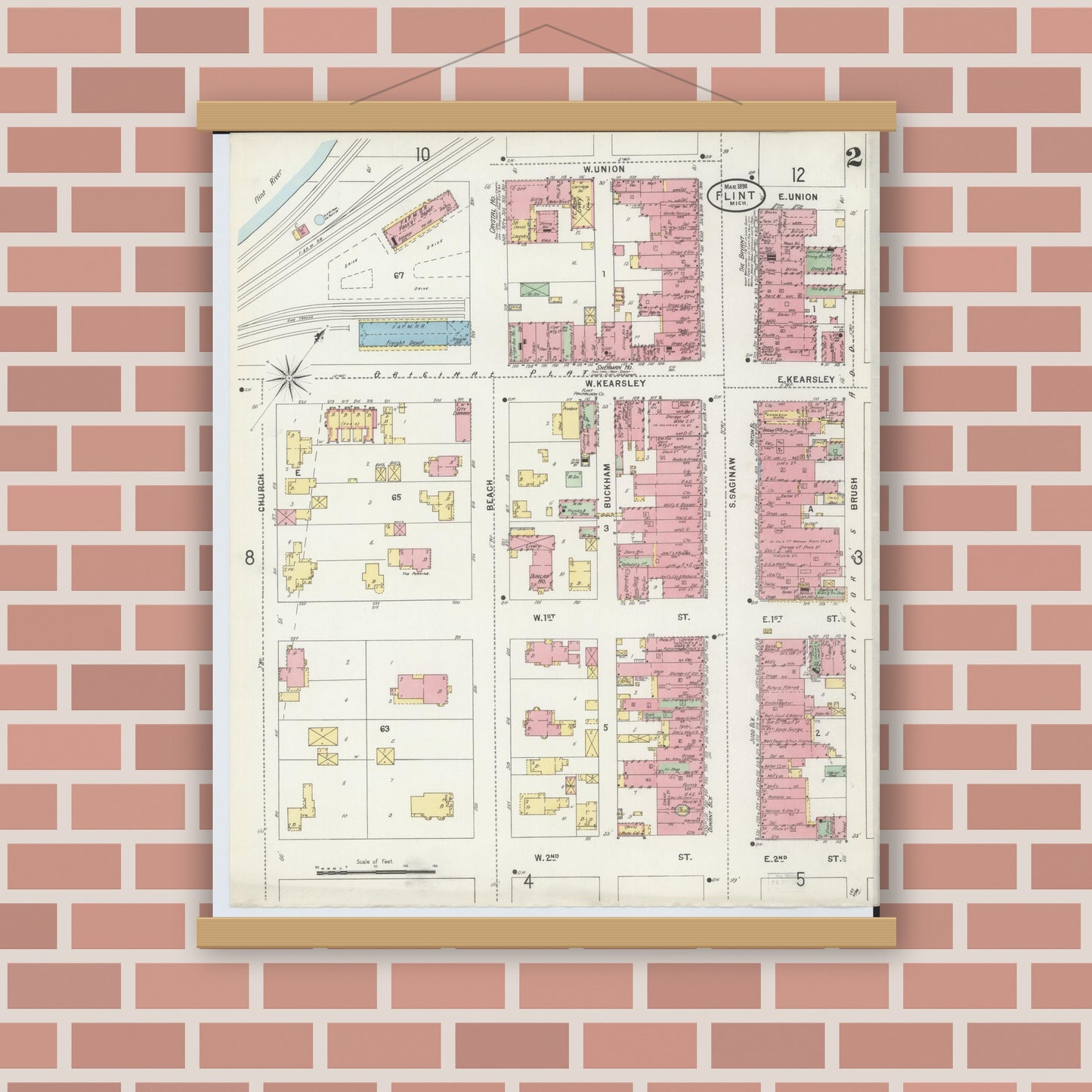 Old map wall art mockup — magnetic wood frame on brick wall — Sanborn Fire Insurance Map from Flint, Genesee County, Michigan (1898), Sheet #0002
