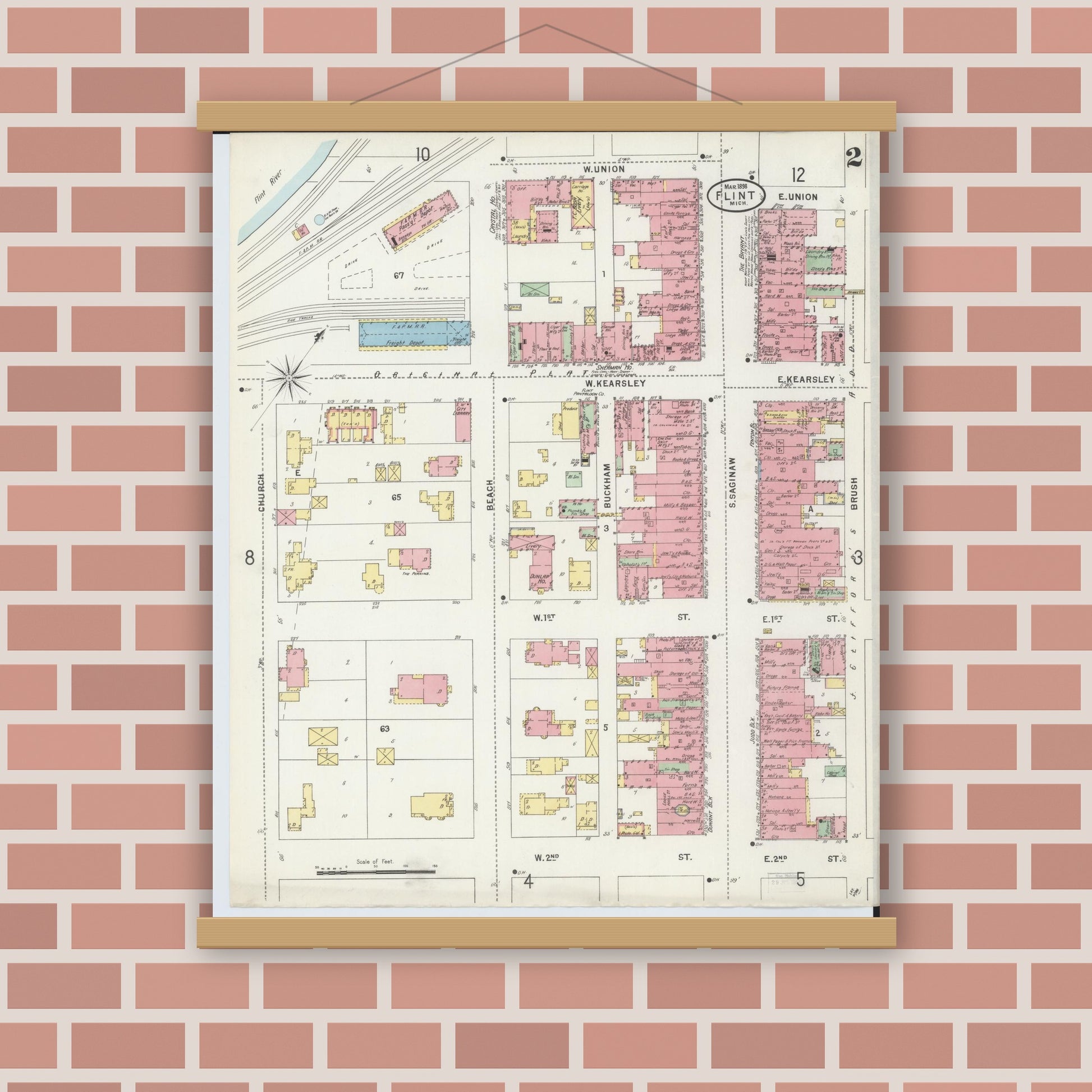 Old map wall art mockup — magnetic wood frame on brick wall — Sanborn Fire Insurance Map from Flint, Genesee County, Michigan (1898), Sheet #0002