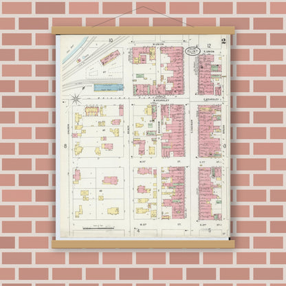 Old map wall art mockup — magnetic wood frame on brick wall — Sanborn Fire Insurance Map from Flint, Genesee County, Michigan (1898), Sheet #0002
