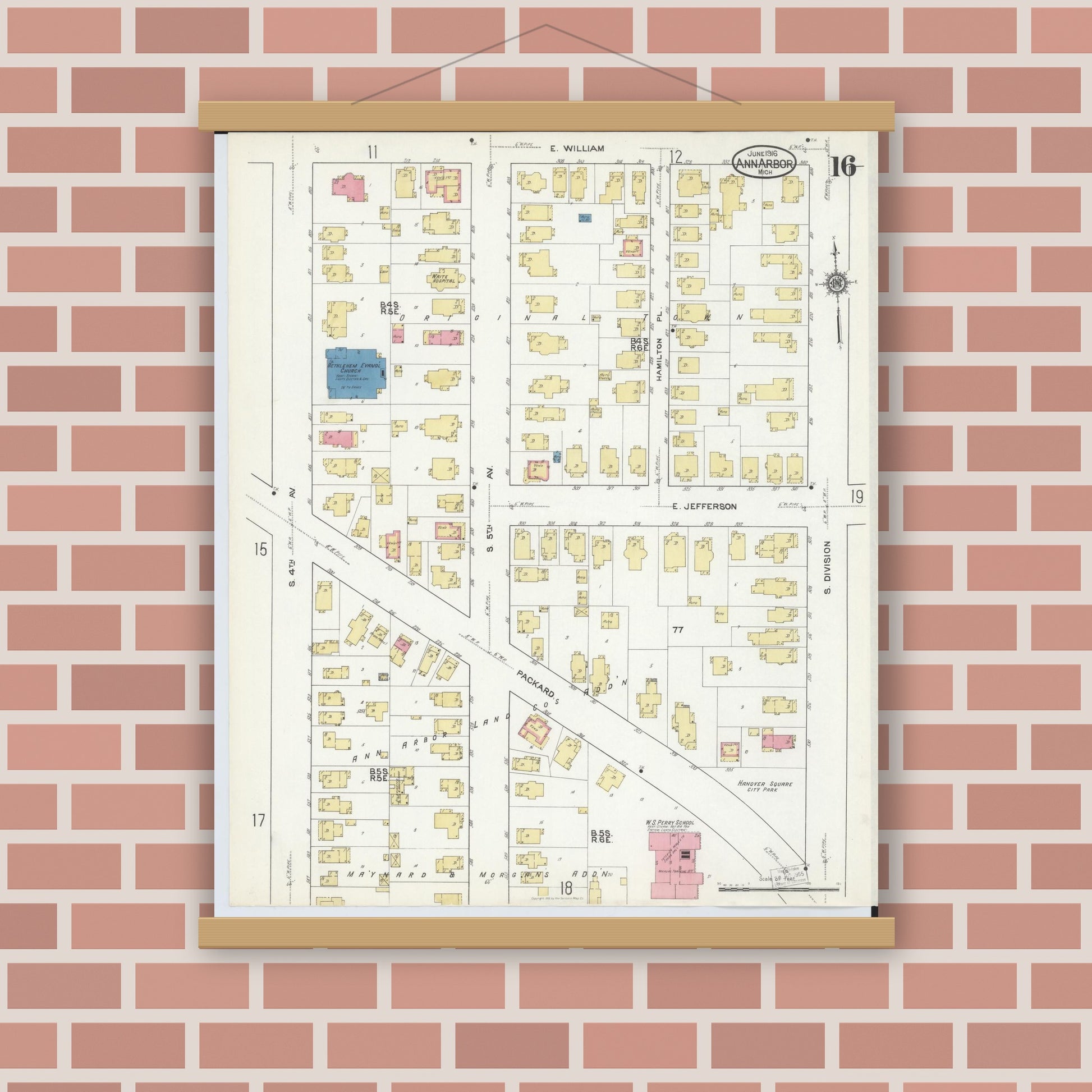 Old map wall art mockup — magnetic wood frame on brick wall — Sanborn Fire Insurance Map from Ann Arbor, Washtenaw County, Michigan (1916), Sheet #0016