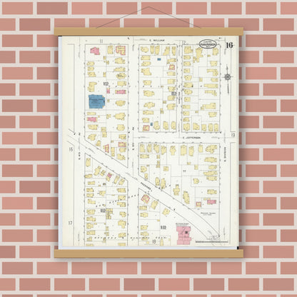 Old map wall art mockup — magnetic wood frame on brick wall — Sanborn Fire Insurance Map from Ann Arbor, Washtenaw County, Michigan (1916), Sheet #0016