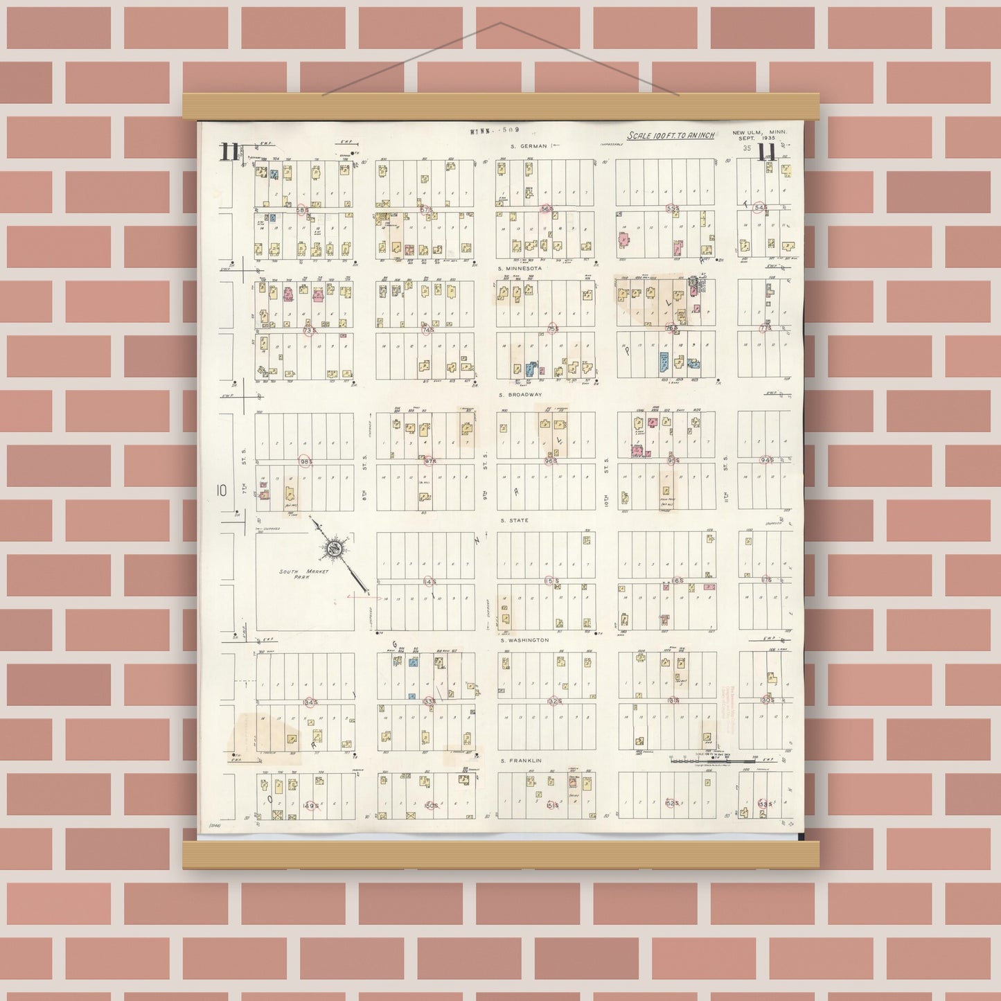 Old map wall art mockup — magnetic wood frame on brick wall — Sanborn Fire Insurance Map from New Ulm, Brown County, Minnesota (1946), Sheet #0011