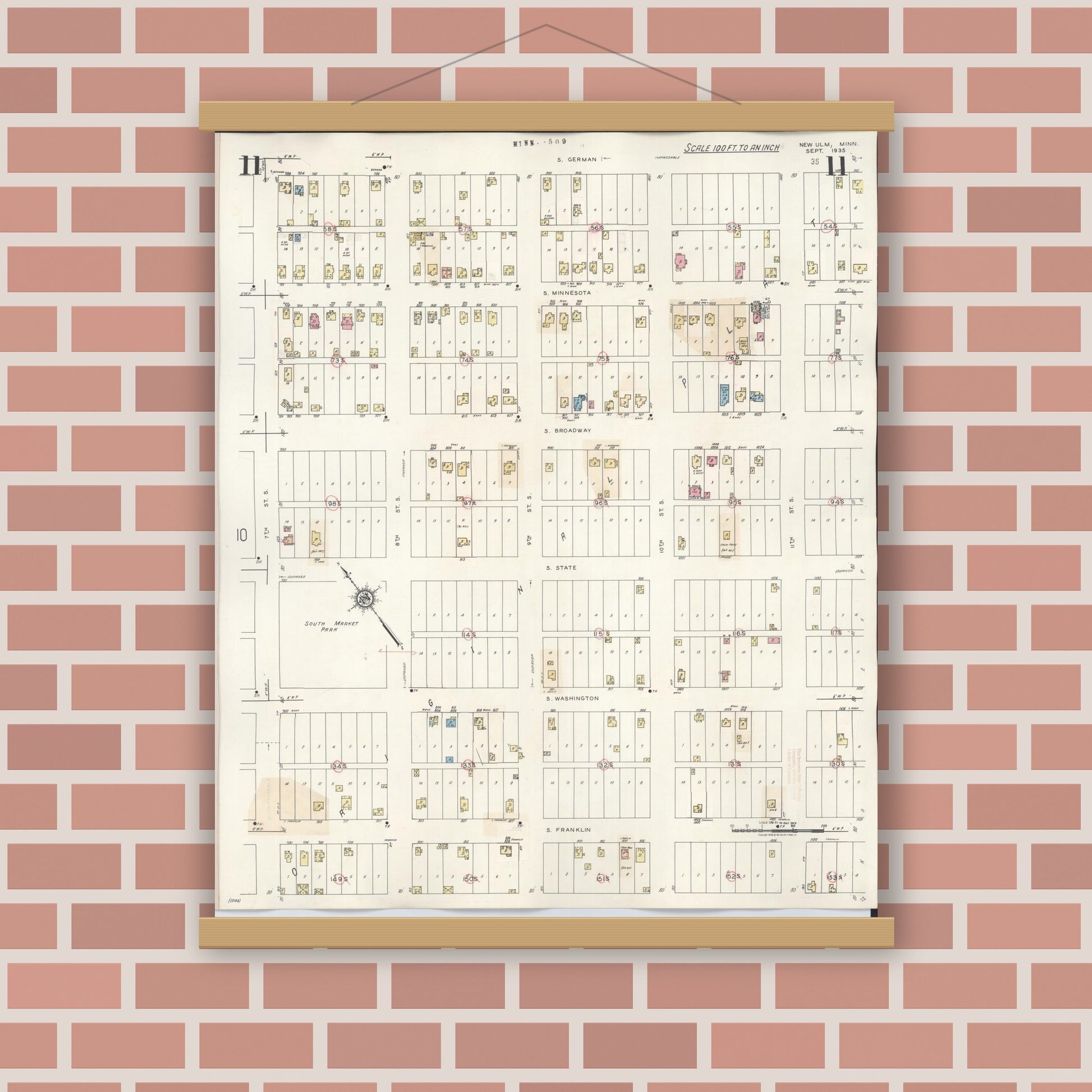 Old map wall art mockup — magnetic wood frame on brick wall — Sanborn Fire Insurance Map from New Ulm, Brown County, Minnesota (1946), Sheet #0011