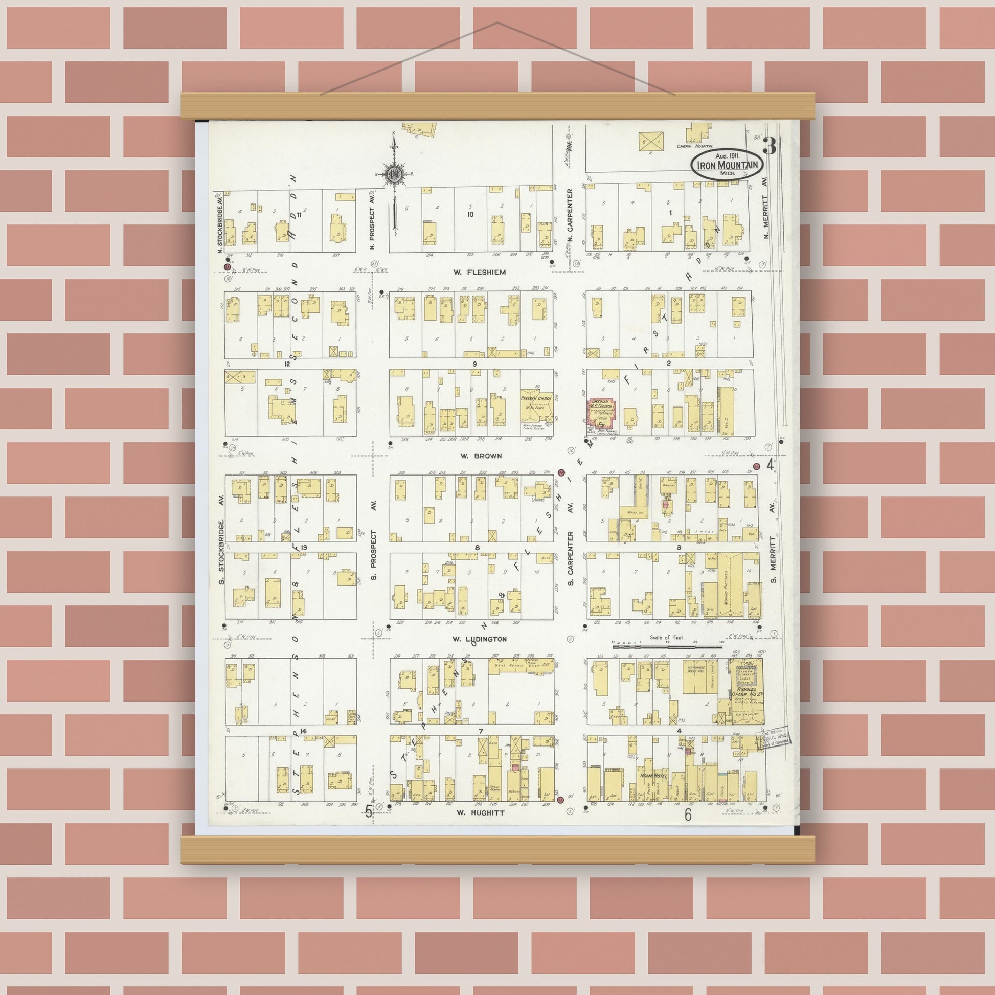 Old map wall art mockup — magnetic wood frame on brick wall — Sanborn Fire Insurance Map from Iron Mountain, Dickinson County, Michigan (1911), Sheet #0003