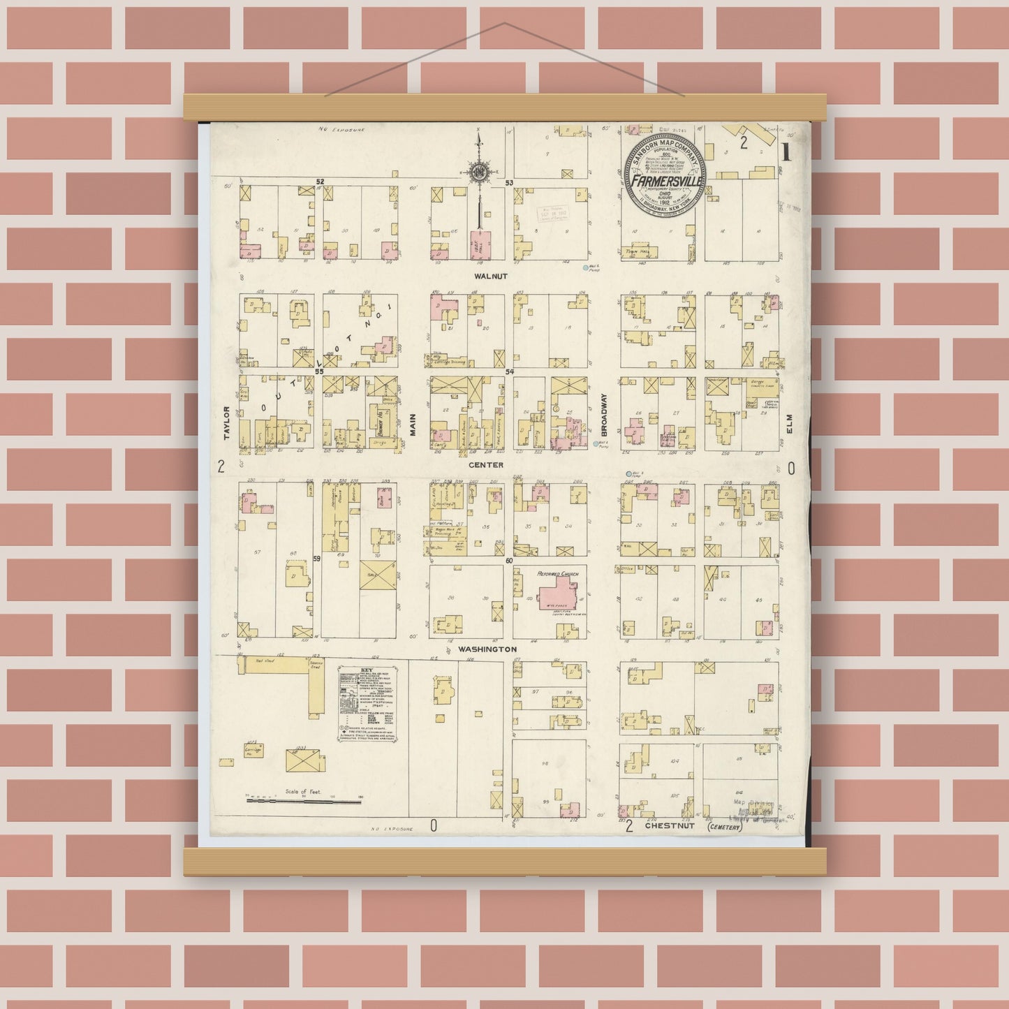 Old map wall art mockup — magnetic wood frame on brick wall — Sanborn Fire Insurance Map from Farmersville, Montogomery County, Ohio (1912) - Complete Map Set