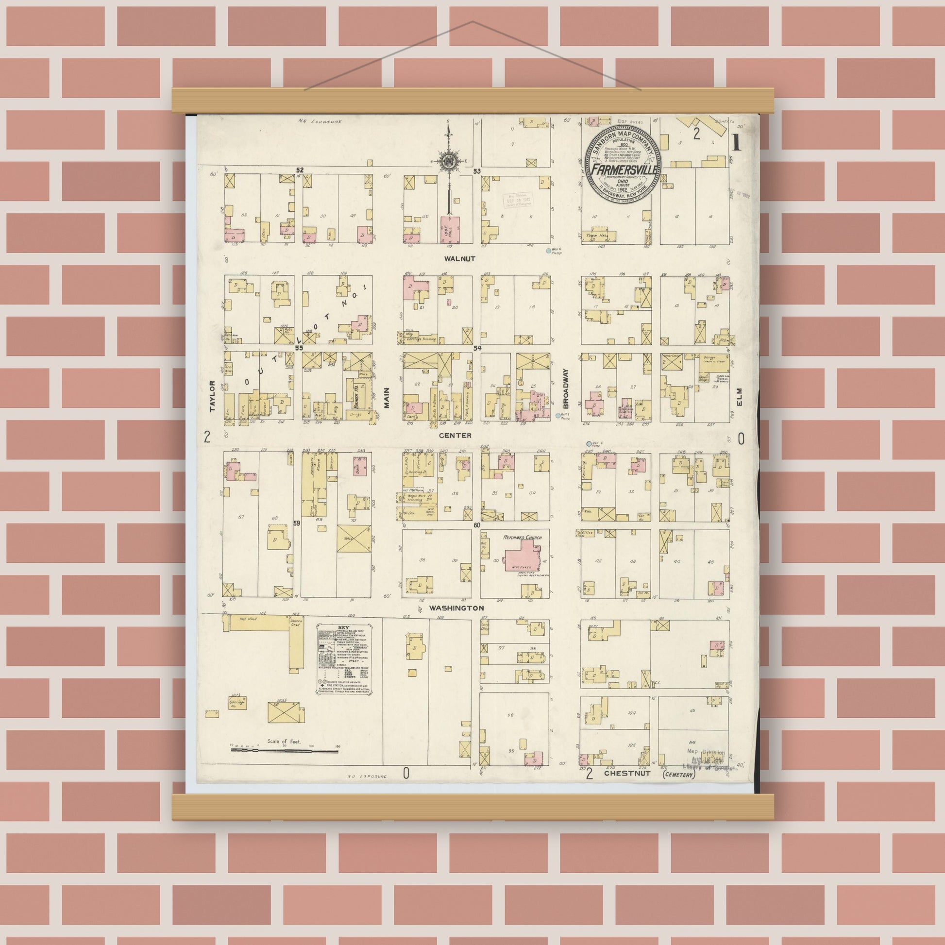 Old map wall art mockup — magnetic wood frame on brick wall — Sanborn Fire Insurance Map from Farmersville, Montogomery County, Ohio (1912) - Complete Map Set